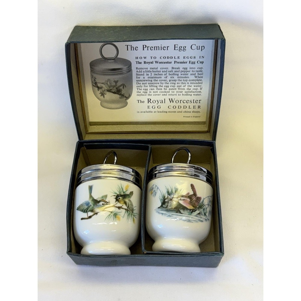 Royal Worcester Fine Porcelain Egg Coddler Birds Set of 2 W/ Box Made in England